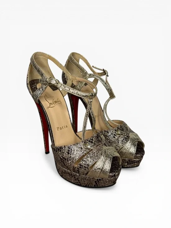 Christian Louboutin Metallic Gold Snake-Embossed T-Strap Platform Pump Size 37.5 - Picture 6 of 10
